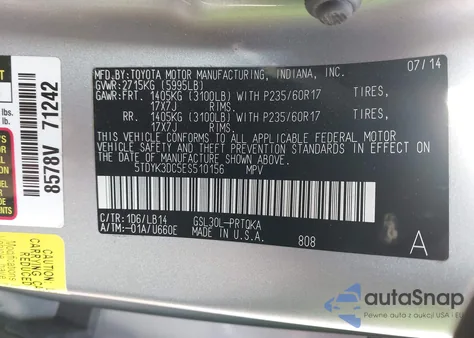 2014 Toyota Sienna Xle V6 8 Passenger z USA, uszkodzony, nr VIN 5TDYK3DC5ES510156